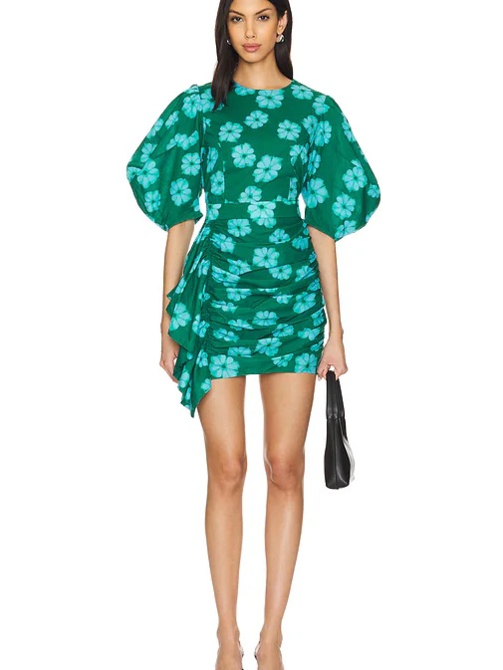 RHODE Emerald Green Floral Puff-Sleeve Ruched Mini Dress